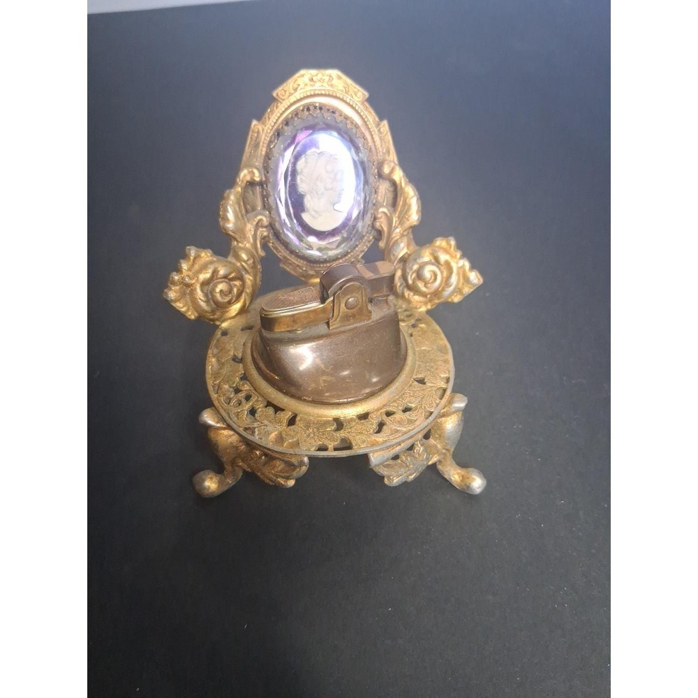 Vintage Mid Century Ornate Gilt Metal Table Lighter Crystal Cameo Gold Tone